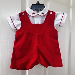 Vintage Tiny Tots Original Red Velvet Romper Shirt Set Set Boys Size 6-9 Months